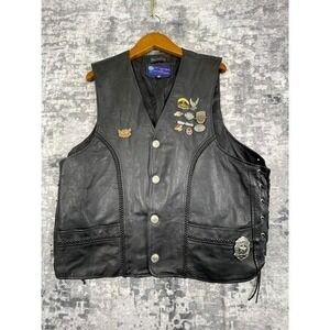 Vtg Vance Leathers Men's XL 50 Motorcycle Vest Black Braided Pins HOG Streetwear